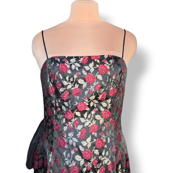 Jessica McClintock Gunne Sax Rose Brocade Gown Black Red Floral Train Size 13 14 - Picture 9 of 12